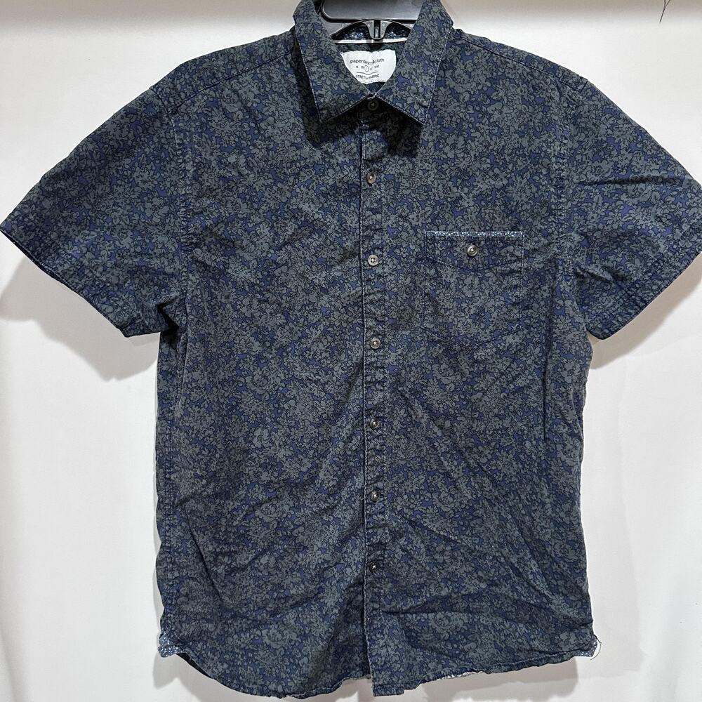 paperdenim&cloth Shirt Men L Blue Floral Short Sleeve Button Down Slim Fit HOLE